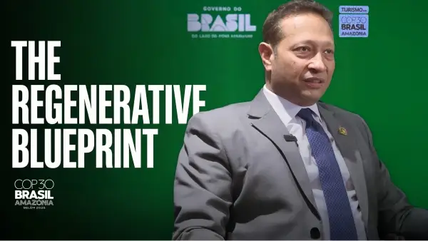 Jimmy Mistry speaking at COP30 Brazil Amazonia Belem 2025 on the regenerative blueprint for sustainable development at Della Townships