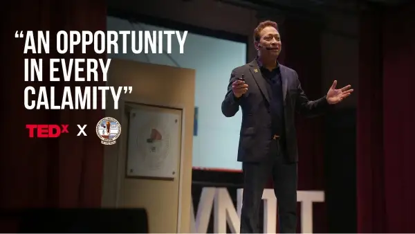 Jimmy Mistry delivers his TEDxVNIT talk An Opportunity in Every Calamity in December 2023