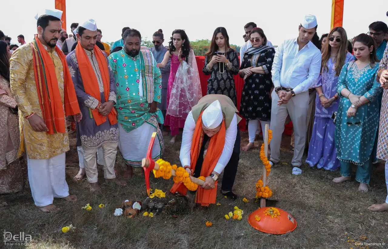 Ceremonial moment during Bhumi Poojan laying the foundation of Della Racecourse Pune