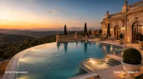 Infinity pool overlooking scenic landscapes at Della Townships Lake Como Dapoli
