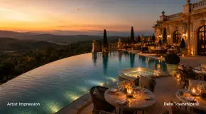Infinity pool with sunset valley views at luxury villas in Della Townships