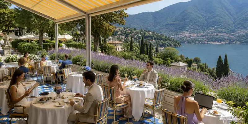 Lakeside fine dining experience overlooking Lake Como-inspired landscapes at Della Townships Dapoli