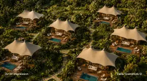 Luxury glamping community masterplan by Della Townships featuring private wellness villas immersed in nature