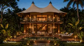 Multi-level luxury glamping villa by Della Townships featuring elevated wellness living in a tropical setting