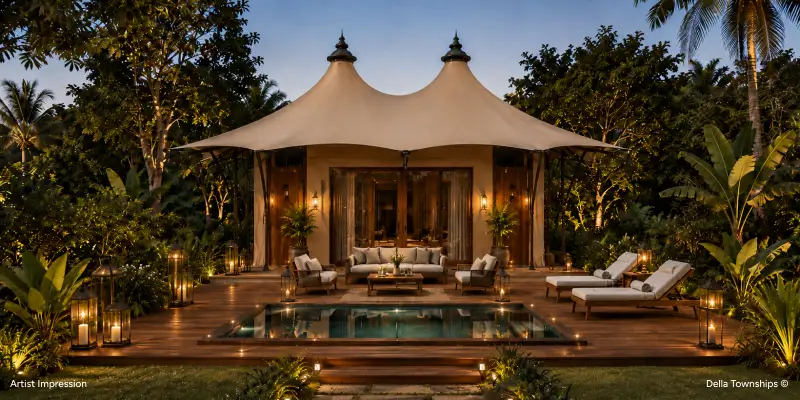 Luxury glamping villa and wellness retreat by Della Townships surrounded by lush tropical landscape