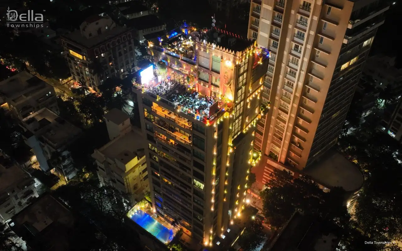 Aerial night view of Della Townships launch event venue