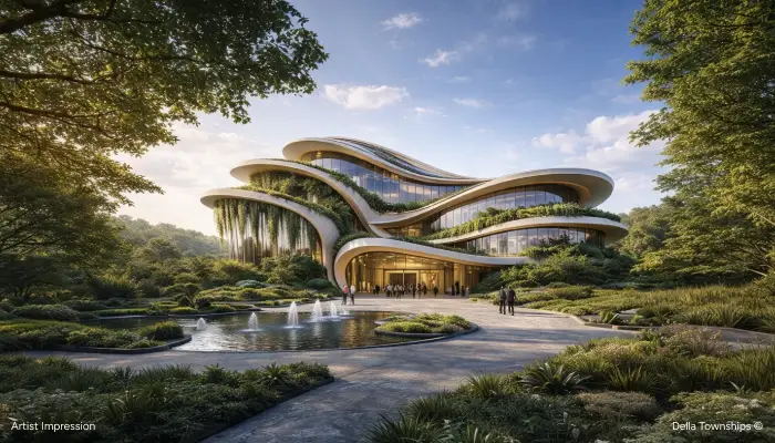 Equestrian activity at Della Racecourse with rider on horse in front of clubhouse | Della Townships