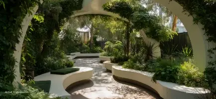 Park seating and green space at Della Townships Design District