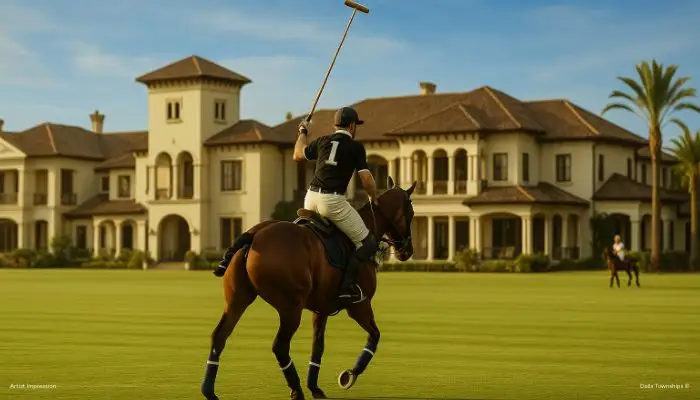 Equestrian activity at Della Racecourse with rider on horse in front of clubhouse