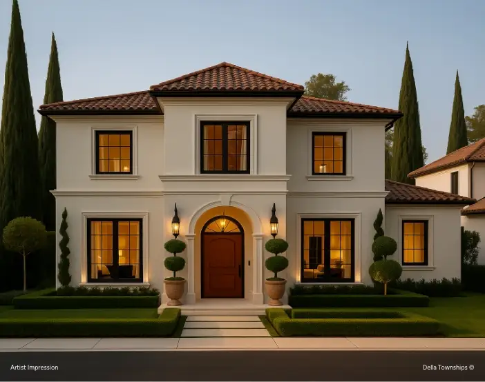 Colonial inspired villa architecture with verandahs and arches at Della Townships Racecourse Pune