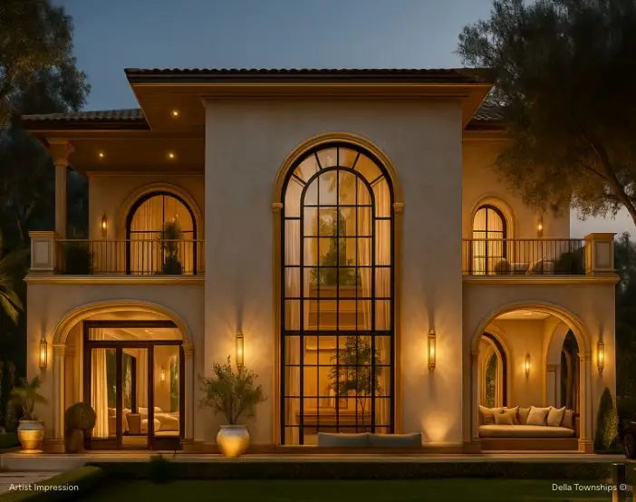 Elegant British colonial architecture featuring columns and courtyards at Della Townships Racecourse Pune