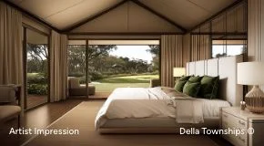 Bedroom view inside luxury glamping tent at Della Townships Racecourse Pune