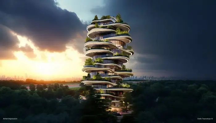 Della Branded Residences towers at Della Townships Racecourse Pune showcasing contemporary architecture