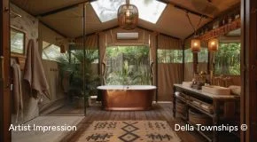 Interior of ultra luxury glamping tent in Ranthambore by Della Townships