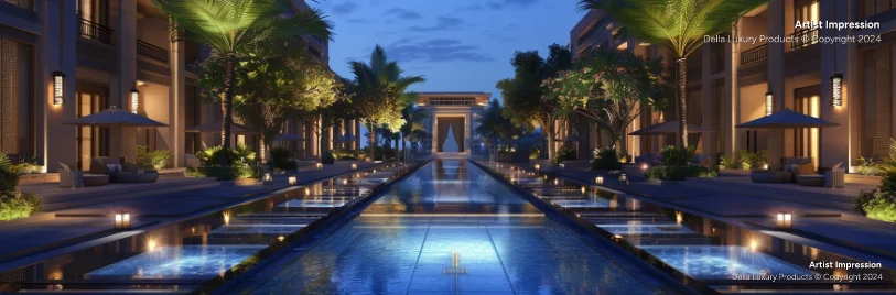 Elegant outdoor wedding venue with water reflections and resort ambience