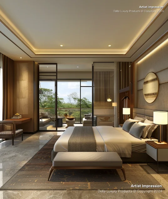 Luxury resort bedroom with elegant interiors and panoramic window view