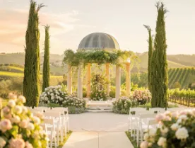 Scenic lakeside township wedding setup with elegant floral accents