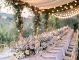 Elegant township wedding venue with floral decorations and scenic backdrop