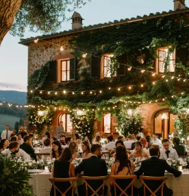People seating at a township wedding venue with elegant floral arrangements