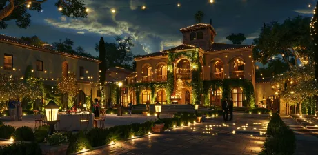 Elegent night view of Destination wedding venue with lights and decorations