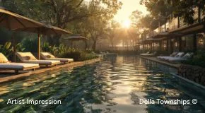 Sunset poolside view at Della Townships Nagpur Bor Reserve 5 star glamping resort