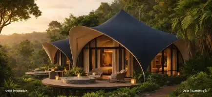 Five star resort villas at sunset offering luxury hospitality within Della townships