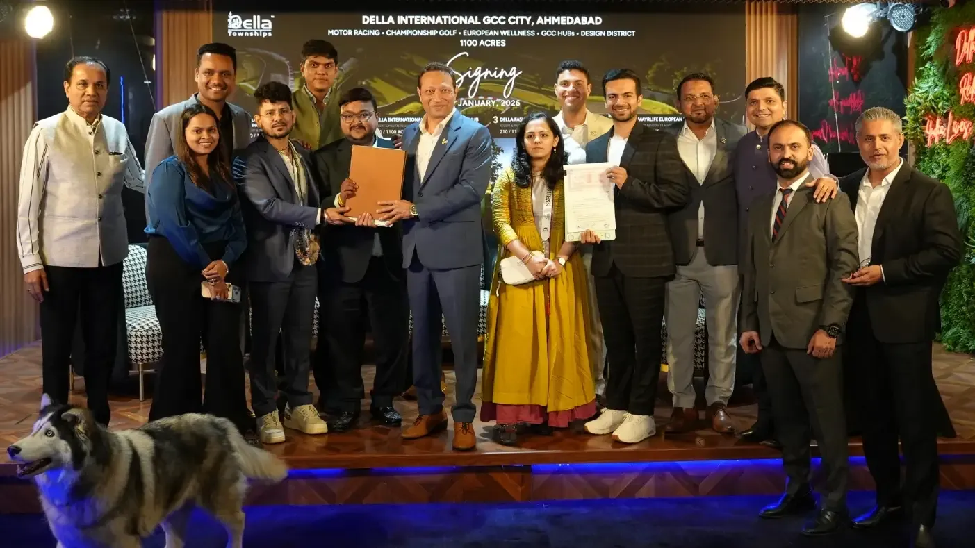 MOU signing for the 1100-acre Della International GCC City township in Ahmedabad with senior leadership and partners, January 2026