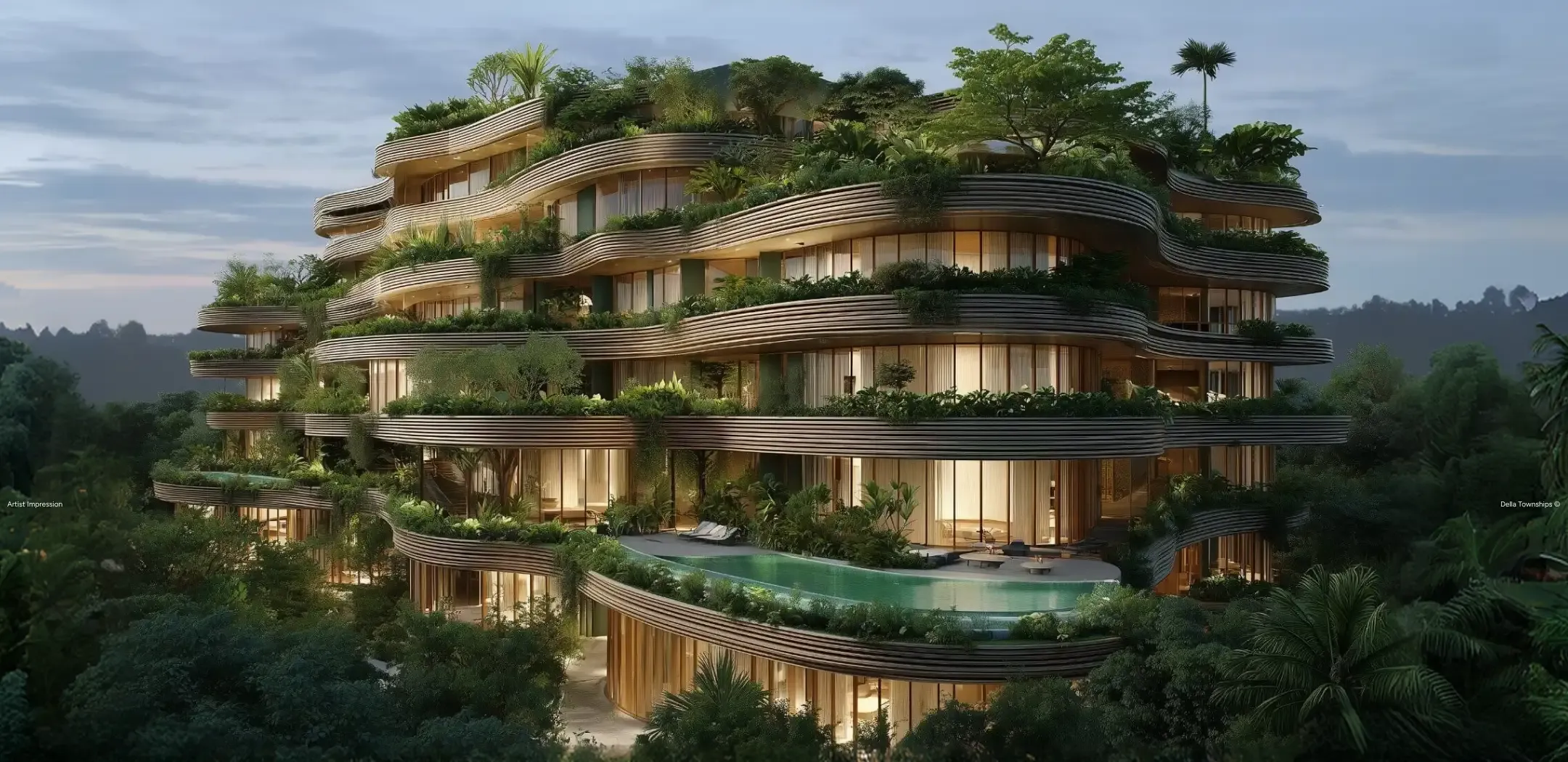 Della Townships Ahmedabad wellness residences with cascading green balconies and pool at dusk