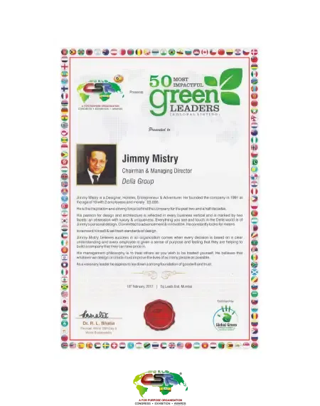 Global Green Leadership Recognition 2017 associated with Della Townships