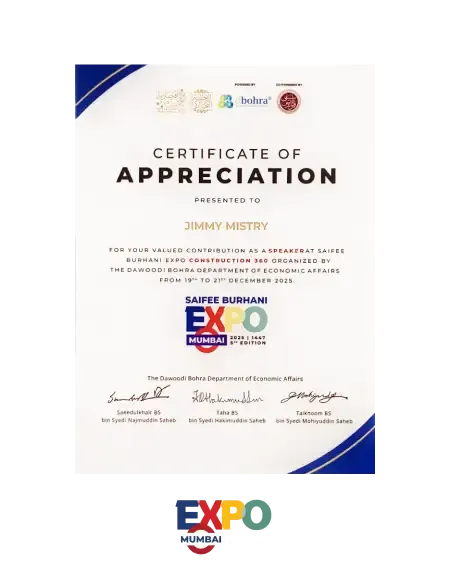 Saifee Burhani Expo 2025 certificate of appreciation associated with Della Townships