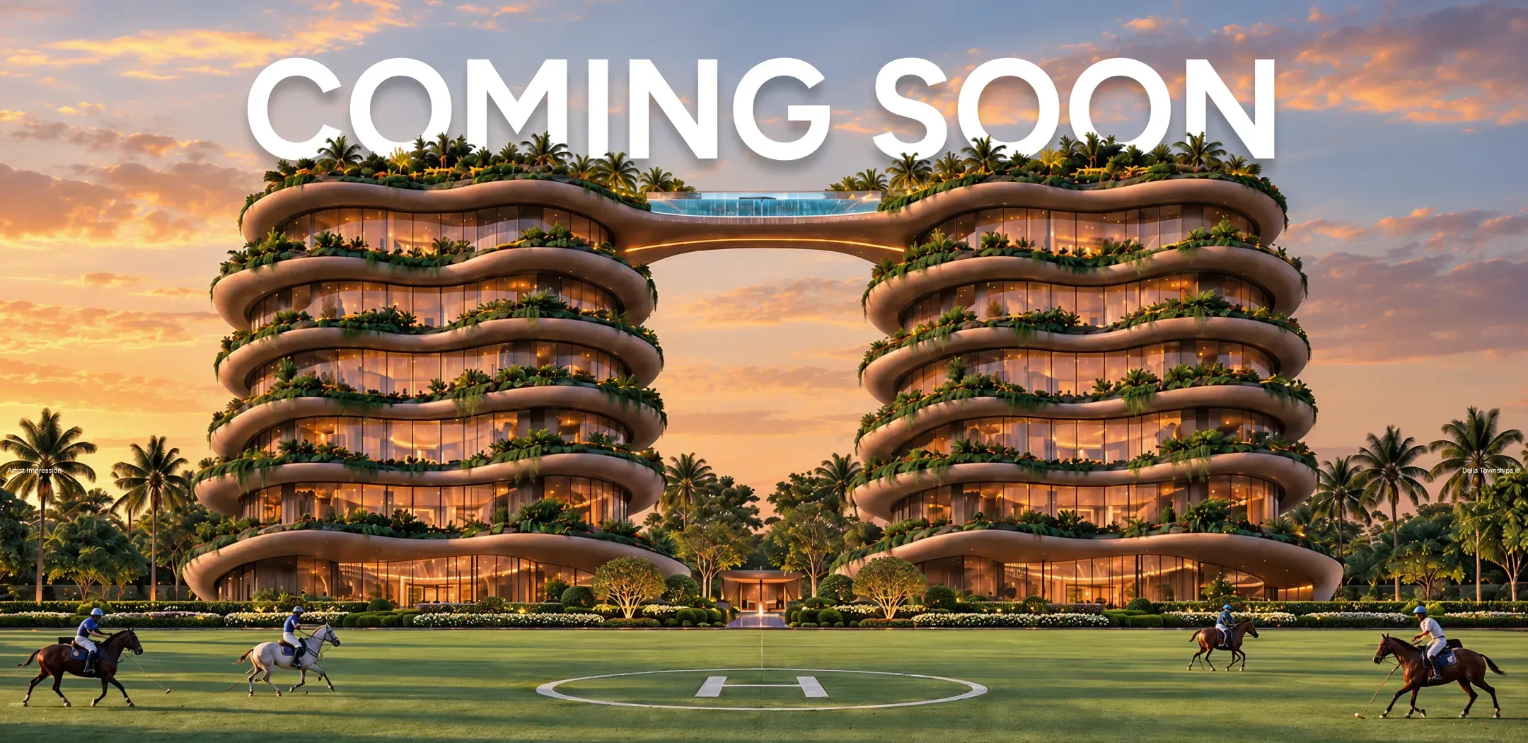 Della Townships Dahanu coming soon luxury branded residences with twin curved towers, a sky bridge, rooftop greenery, and a polo field at sunset.