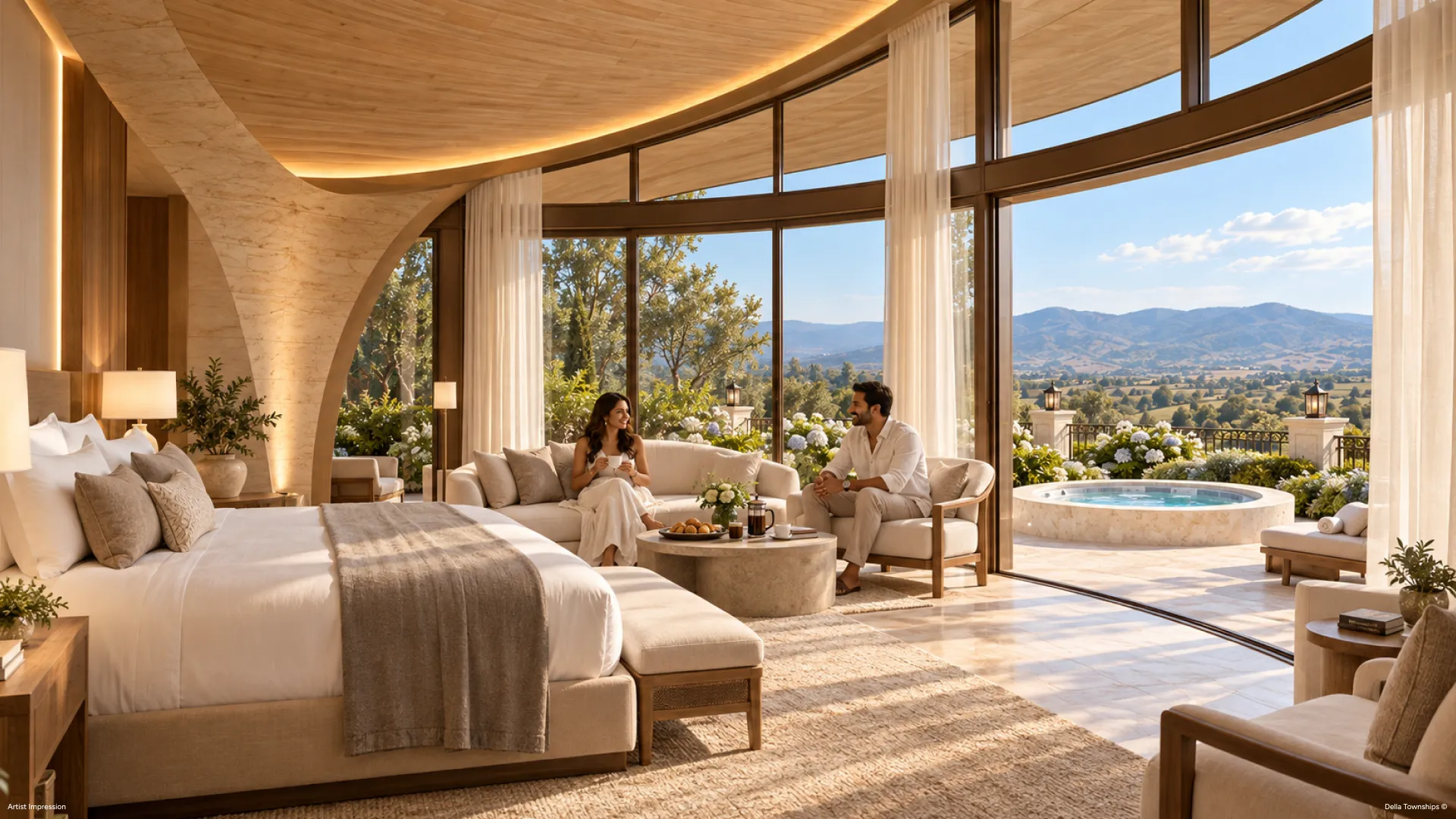Glamping villa interior with pool view in Dapoli by Della Townships