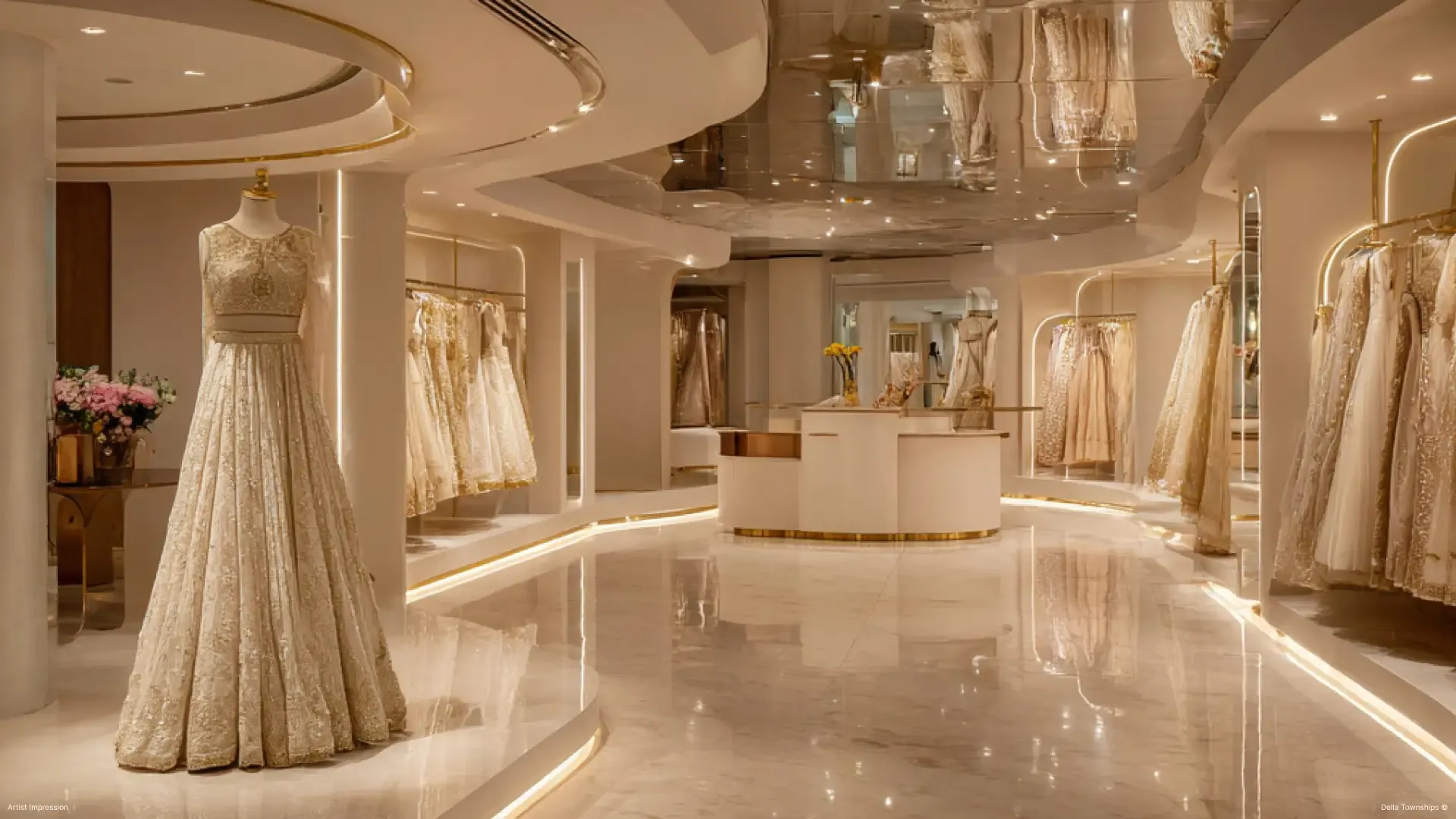 Bridal and ceremonial couture showcased within the Della Townships design district