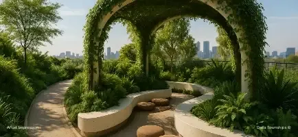 Landscaped garden walkway in pet friendly zone at Della Townships Design District