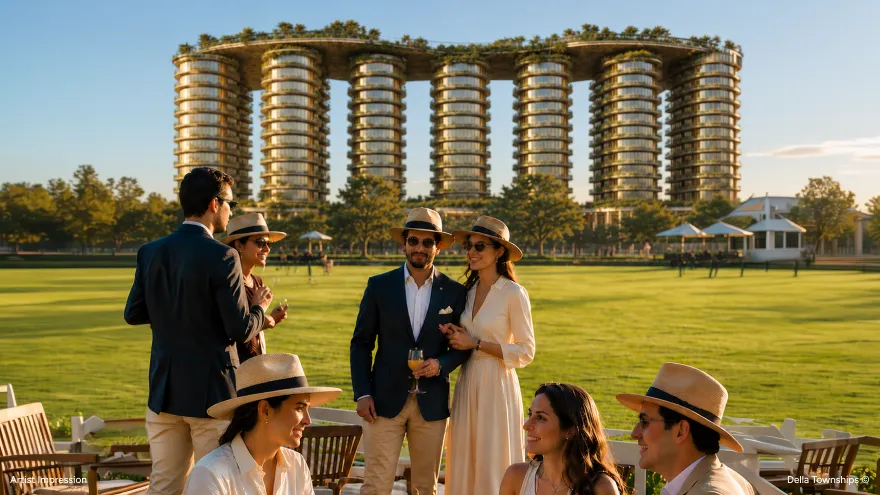 Visitors exploring visionary architecture and landscaped residential towers representing the next 100 years of human living by Della Townships India