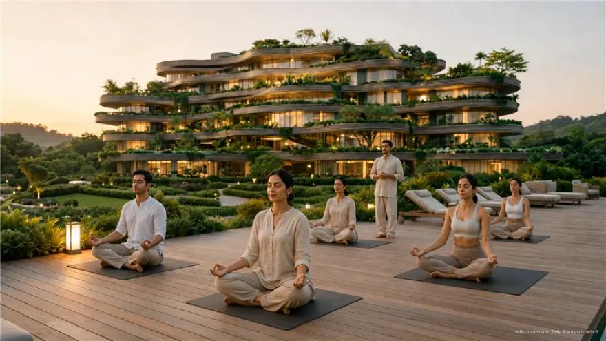 Residents practicing yoga on a rooftop terrace at a Della Townships development, reflecting its Future-Fit Living Laboratories philosophy
