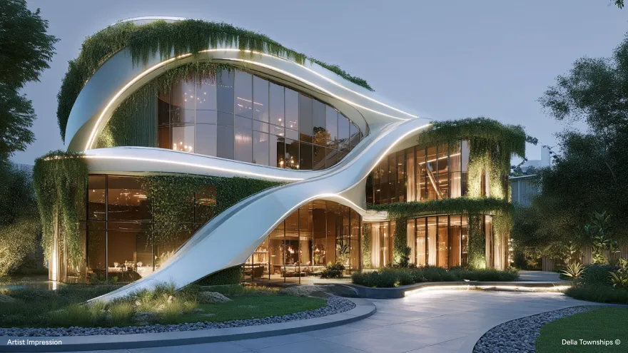 Modern villa with a curved white facade, glass walls and landscaped green gardens at Della Townships