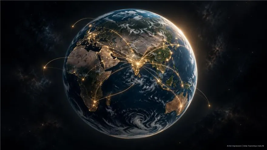 Illustration of golden connectivity lines radiating from India across the globe, representing Della Townships' global vision for future living