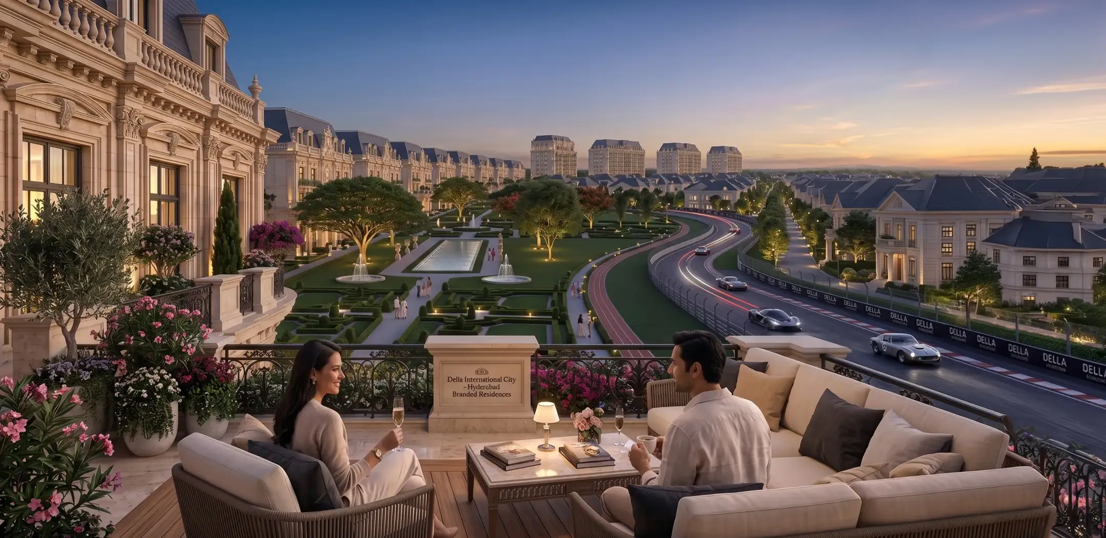 Della Townships Hyderabad Branded Residences Sky Villas overlooking a racecourse at night with illuminated luxury towers and a supercar in the foreground.