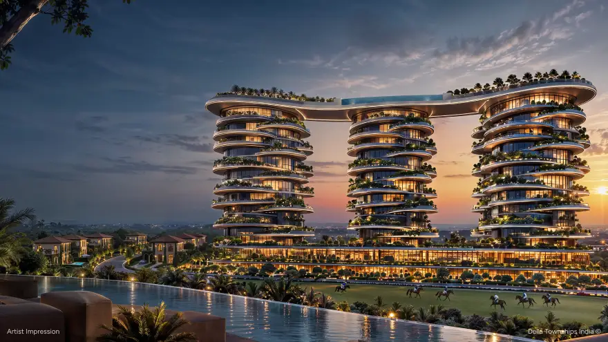 Artist impression of Della Townships India's curved, greenery-wrapped residential towers overlooking an infinity pool and equestrian grounds at twilight