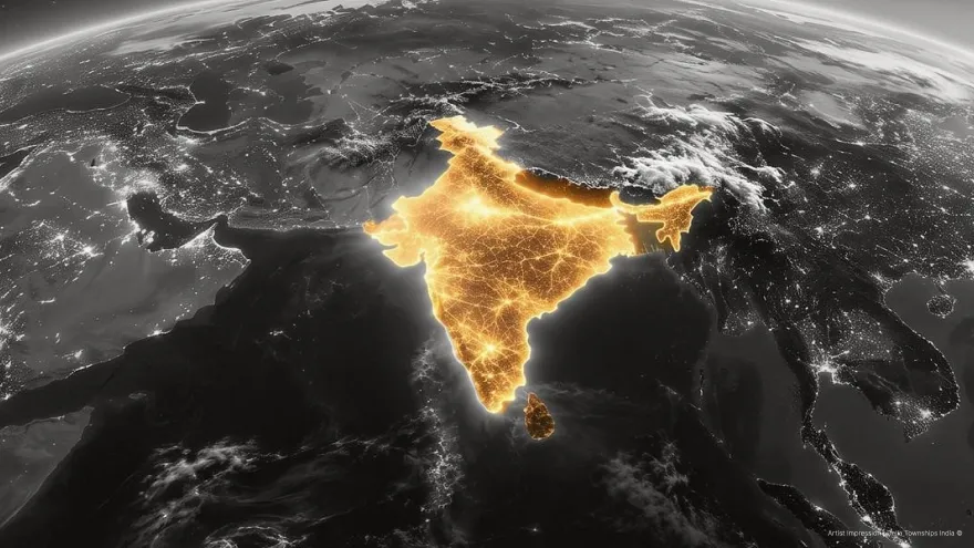 Satellite view of India glowing at night, symbolizing Della Townships' vision for the country's future urban growth