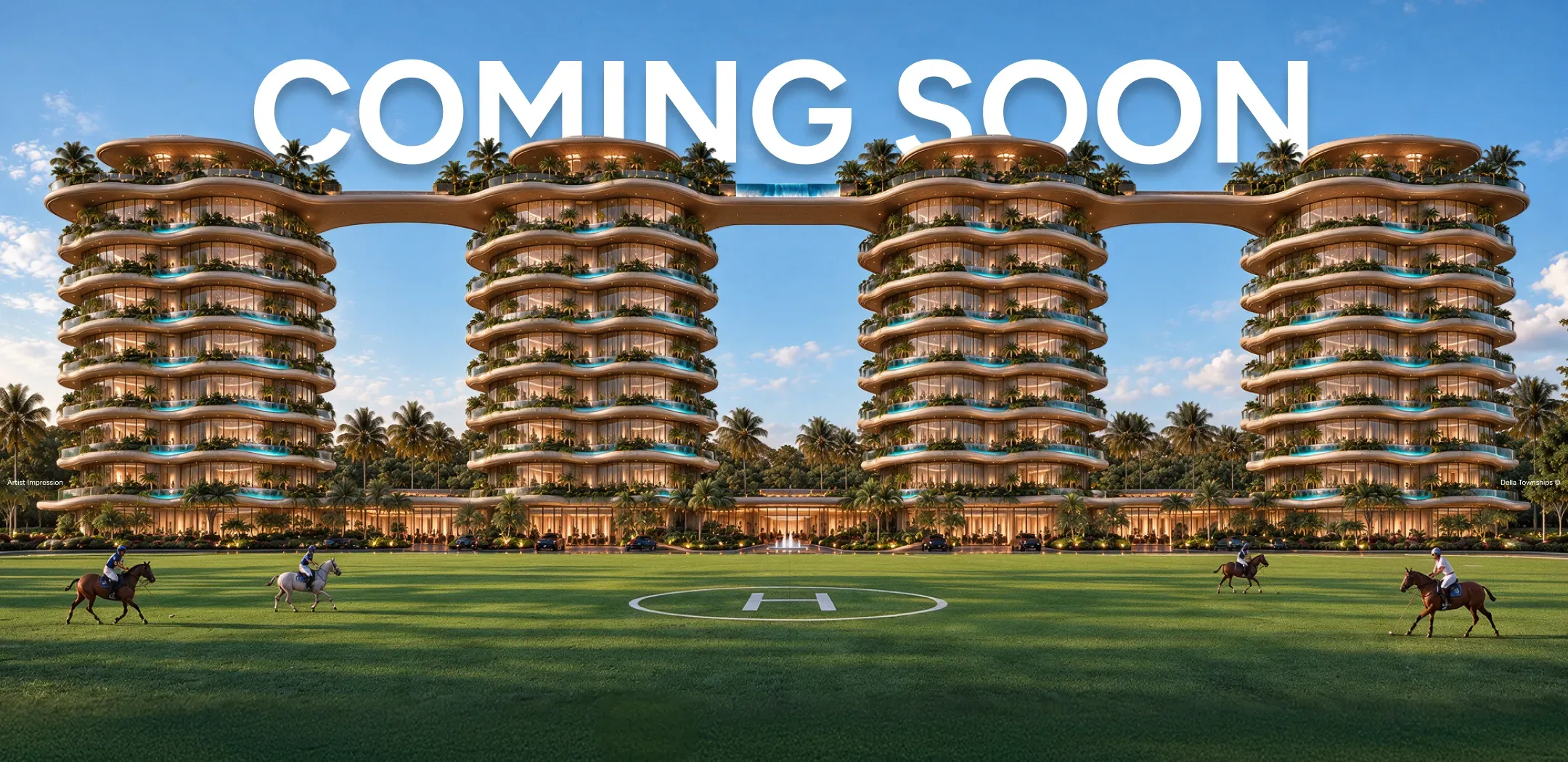 Della Townships Indore coming soon luxury branded residences with four curved towers, sky bridges, rooftop greenery, and a polo field.