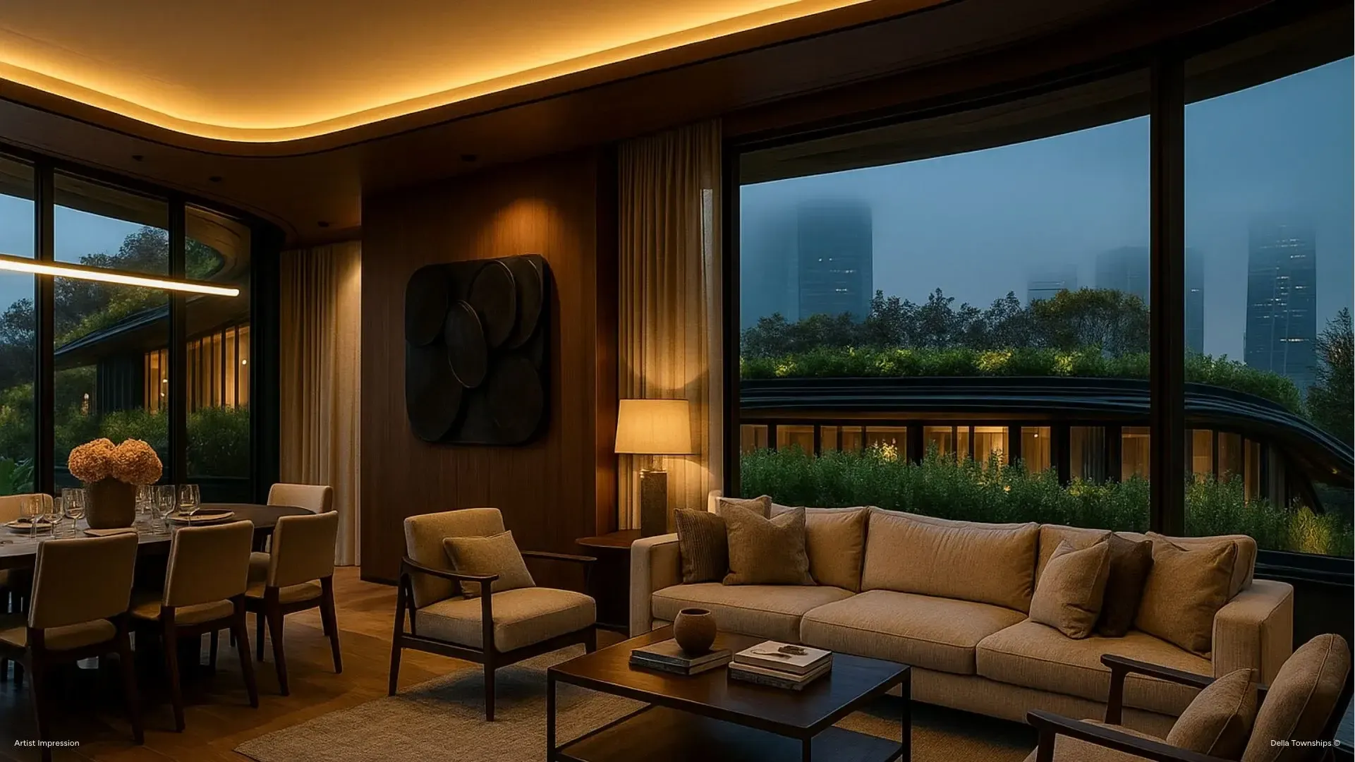 Lounge area inside branded residences at Della Townships Nagpur Bor Reserve