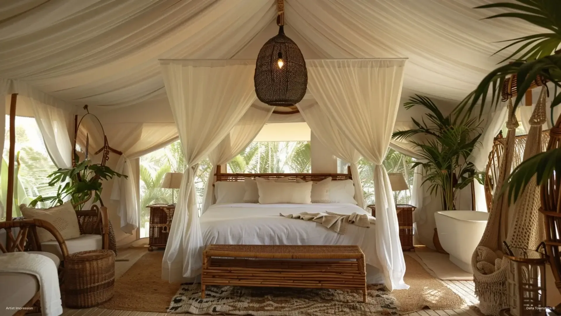 Canopy bedroom inside luxury glamping resort at Della Townships Nagpur Della Bor Wildlife Reserve & Racecourse