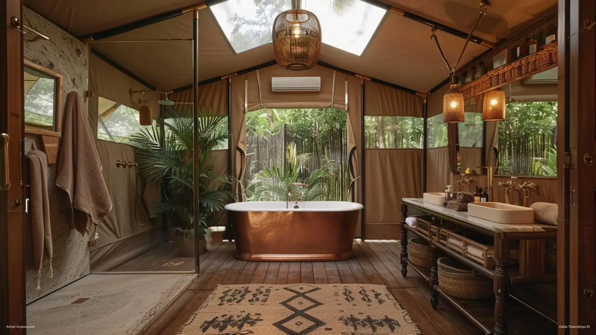 Luxury lounge interior inside glamping tent at Della Townships Nagpur Della Bor Wildlife Reserve & Racecourse