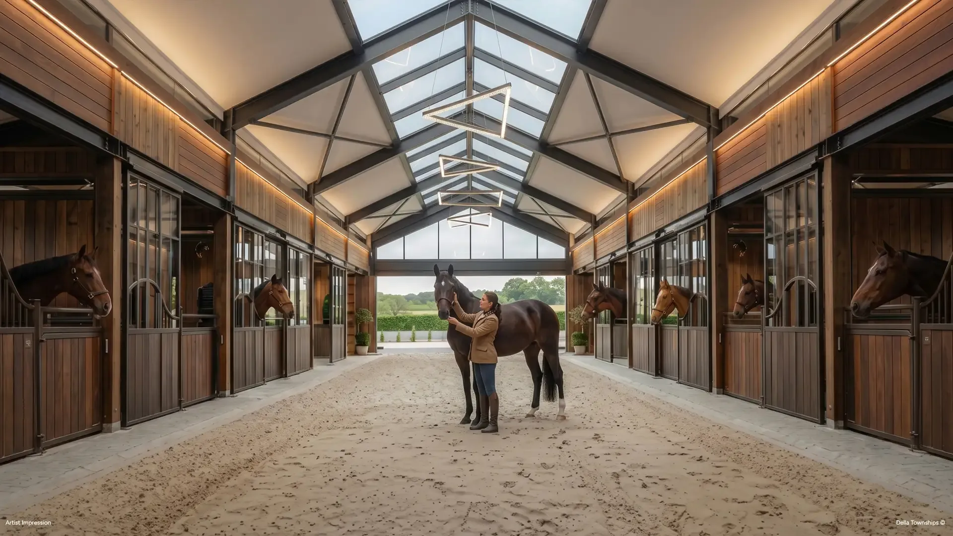 Luxury equestrian stable and horse inside arena at Della Townships Pune.