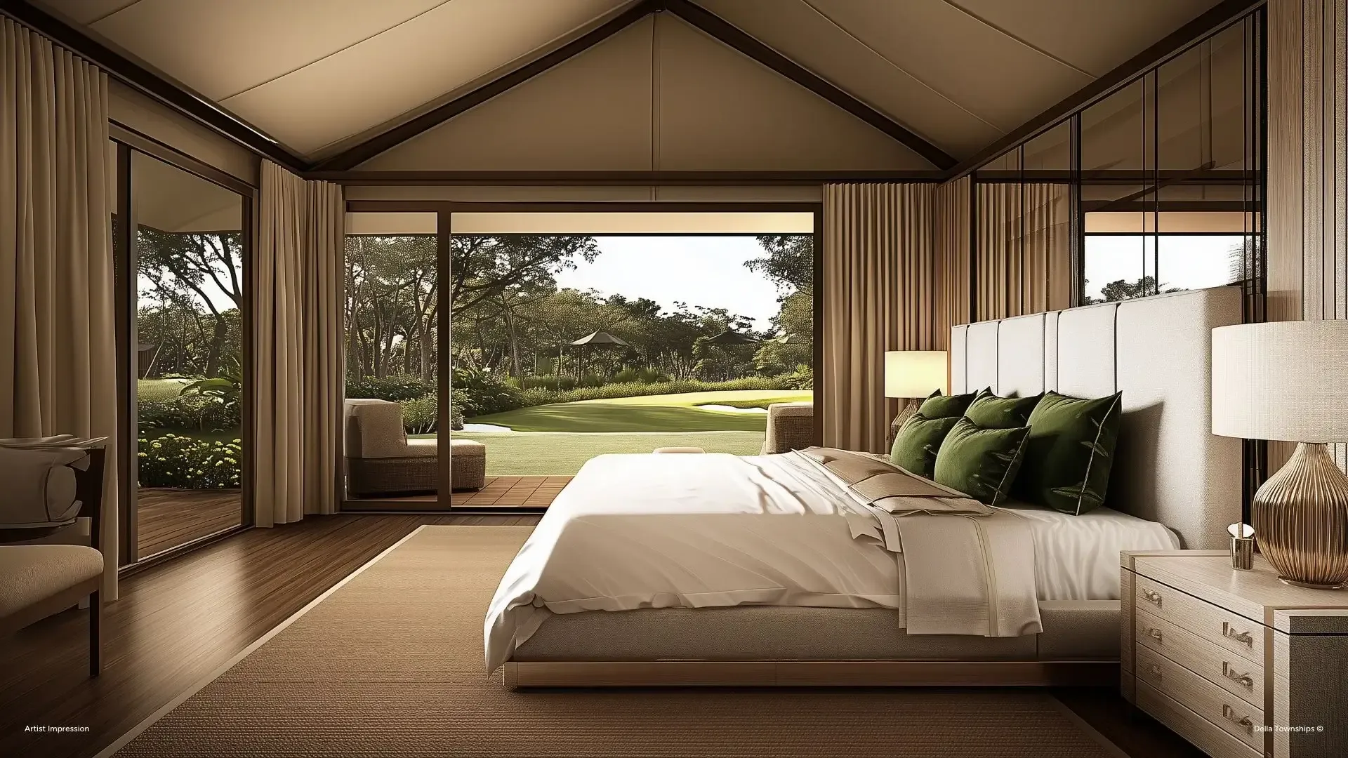 Bedroom view inside luxury glamping tent at Della Townships Racecourse Pune