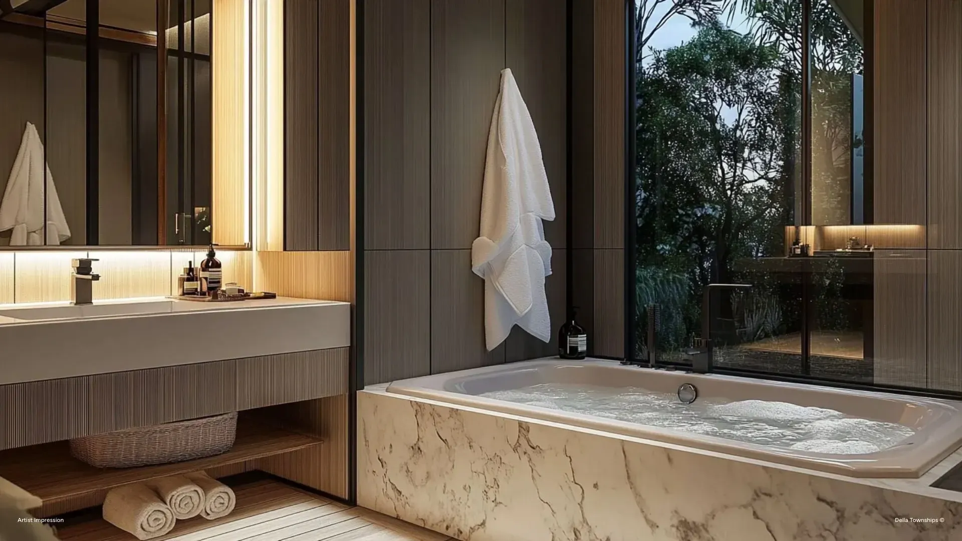 Bathroom with jacuzzi inside luxury glamping resort at Della Townships Racecourse Pune