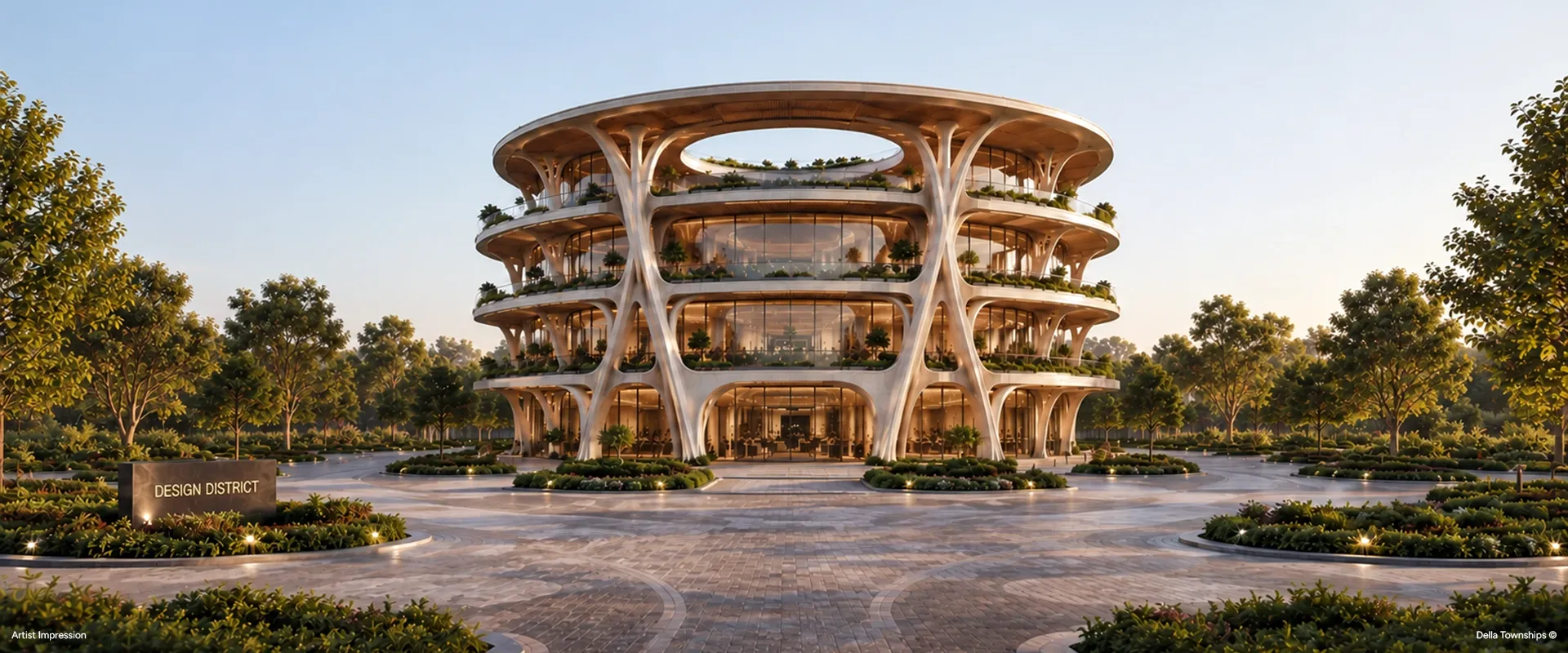 Della Townships Hyderabad Design District-inspired luxury residences with flowing organic architecture and landscaped terraces.