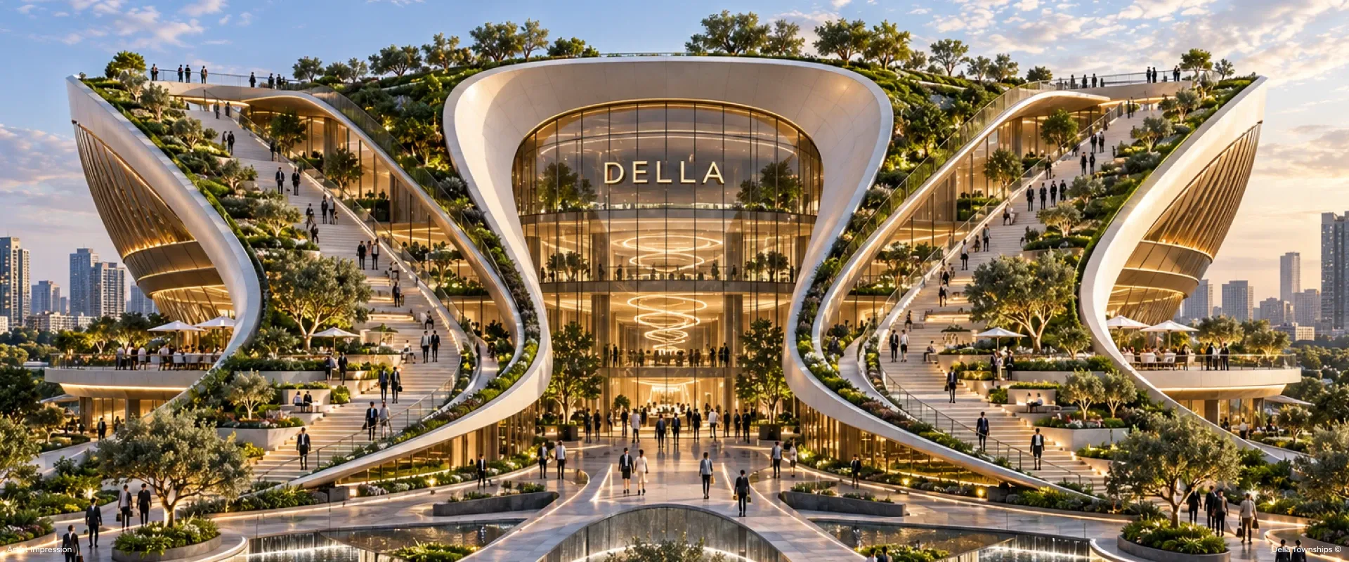 Della Townships Hyderabad iconic luxury residences featuring sculptural architecture surrounded by lush greenery and premium amenities.